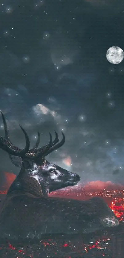 Majestic deer under the moonlight with a glowing city backdrop.