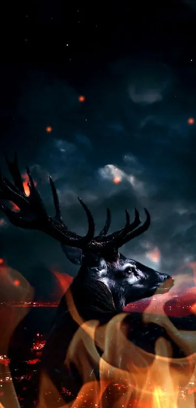 Majestic deer against a night sky over a glowing city landscape.