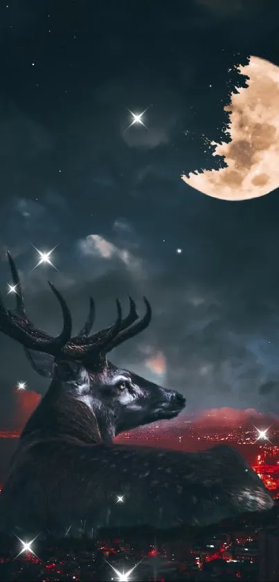 Majestic deer overlooking city beneath the moonlit sky.