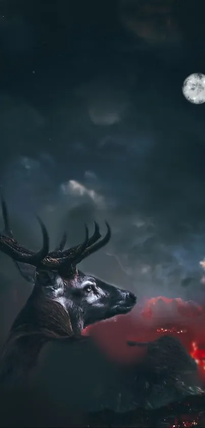 Majestic deer under a moonlit sky with a mystical landscape.