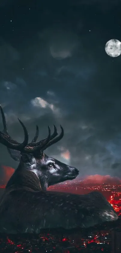 Majestic deer under the moonlit sky with city lights.