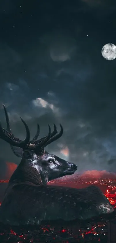 A majestic stag under a moonlit sky above a cityscape at night.