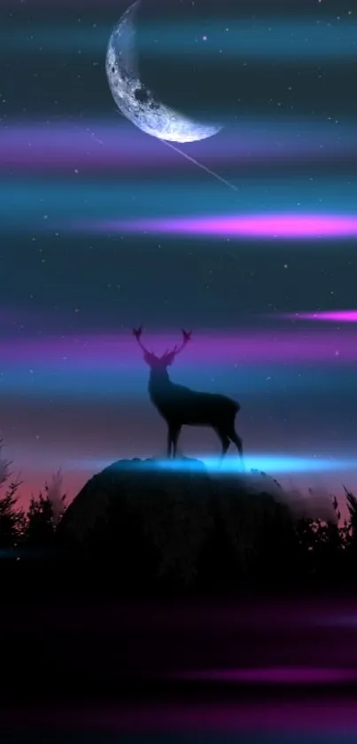 Silhouette of a deer under a colorful night sky with aurora.