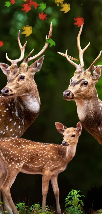 Deer family in lush green forest wallpaper.