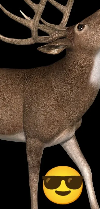 Wallpaper of a majestic deer with emoji on black background.