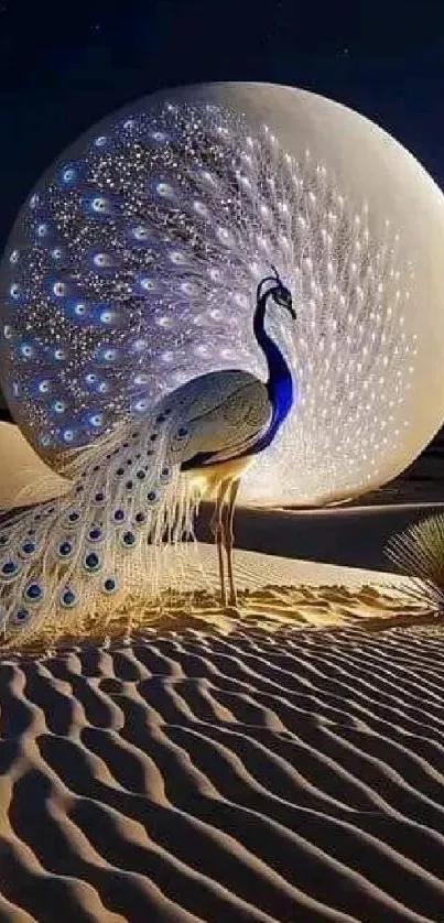 Majestic peacock standing in a desert landscape under the moonlight.