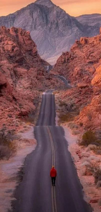 Lone traveler on a scenic desert road with striking red rocks and mountains.