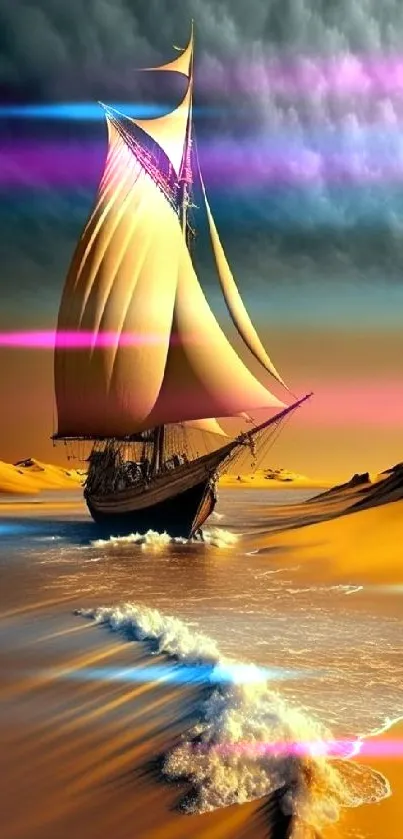 Sailboat navigating through desert sands with ocean waves.