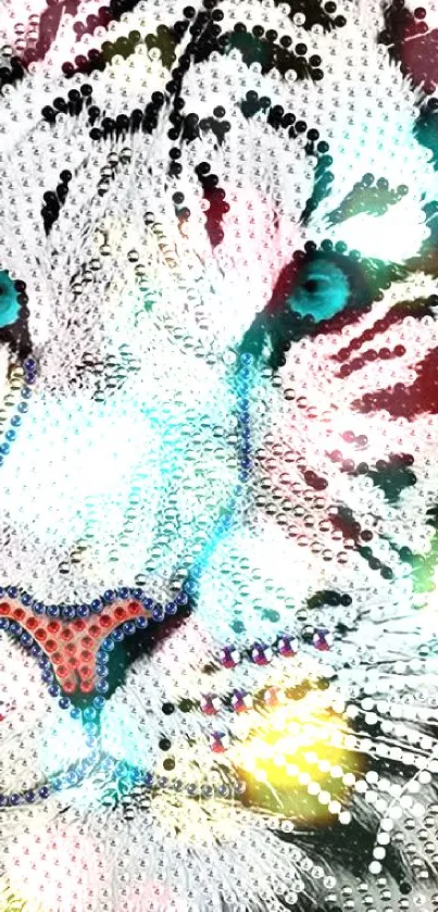 Diamond-encrusted tiger with striking turquoise eyes on a mobile wallpaper.