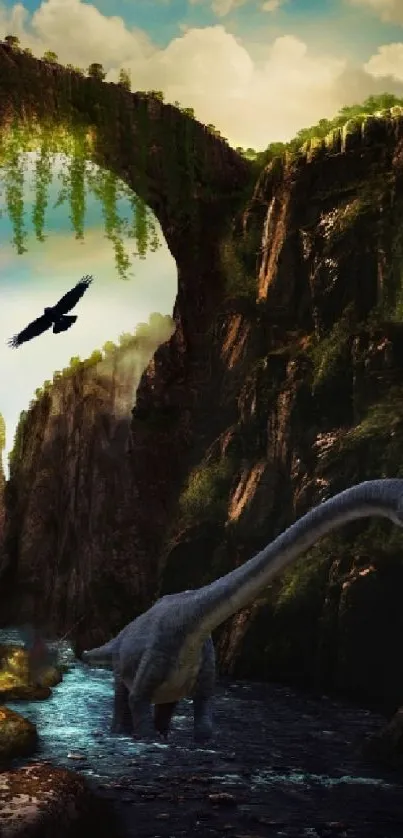 Majestic dinosaur in lush canyon with soaring bird under dramatic sky.