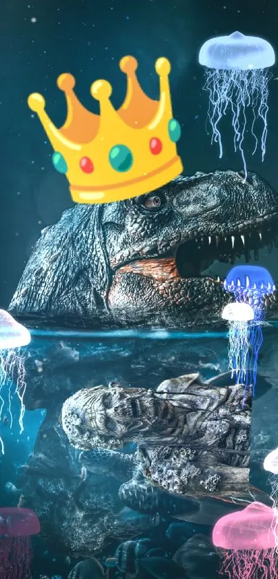 Majestic dinosaur with crown in underwater scene.