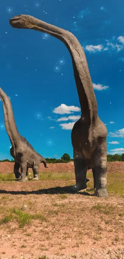 Dinosaurs roaming under a clear blue sky.