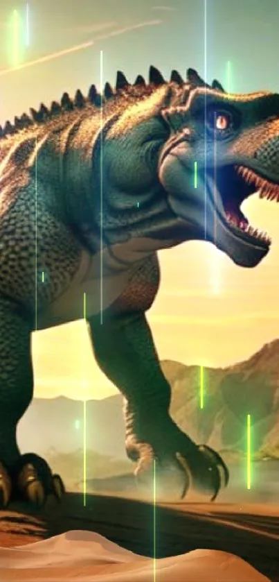 Majestic dinosaur in sunset landscape wallpaper, perfect for mobile screens.