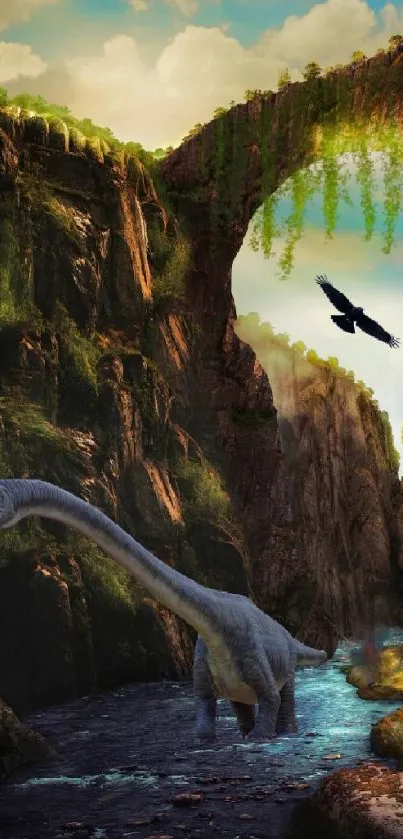 Majestic dinosaur in a lush valley with a soaring bird and mystical cliffs.