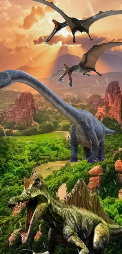 Dinosaurs roaming in sunset landscape.