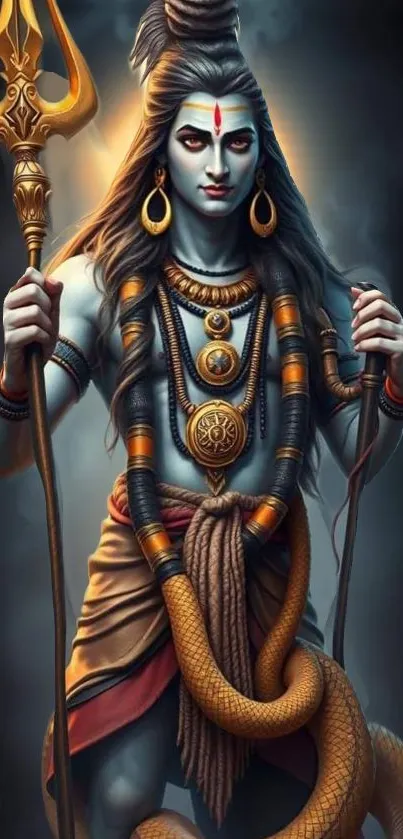 Majestic deity holding trident in spiritual art.