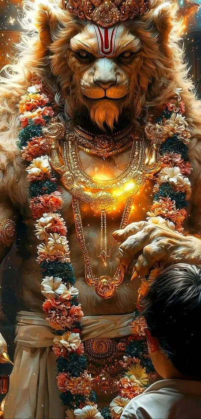 Divine lion artwork with glowing aura and child gazing.