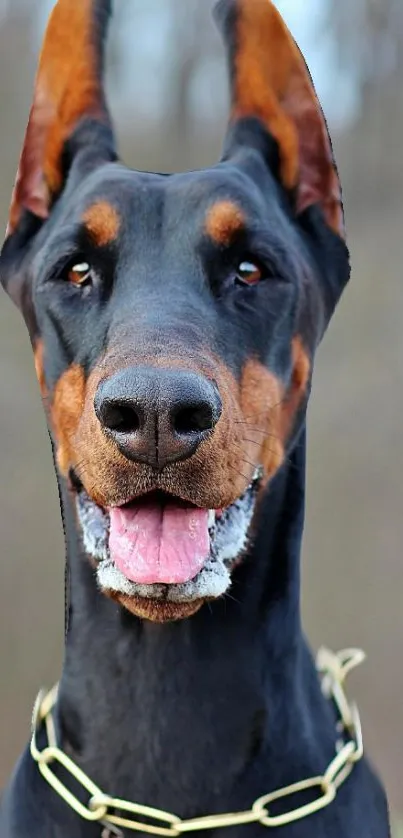Close-up portrait of a Doberman with a nature background, showcasing its alert expression.