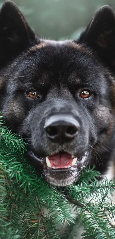 Majestic dog in bushes, featuring green foliage and attentive eyes.