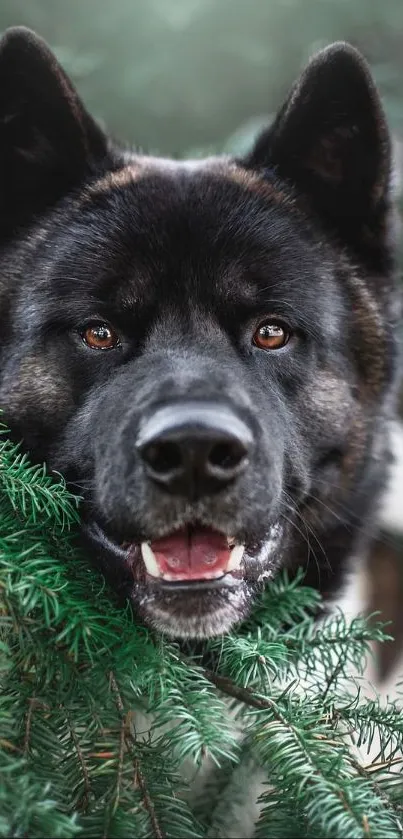 Close-up of a dog in lush green forest setting.