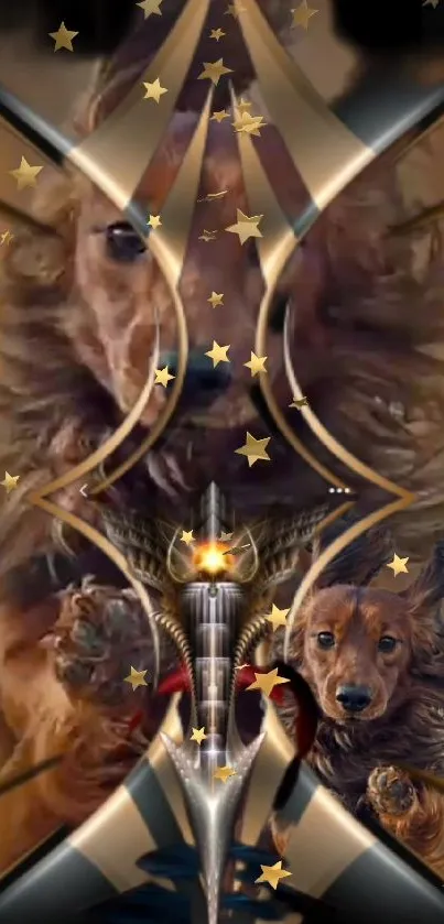 Majestic dog wallpaper with stars in golden design.