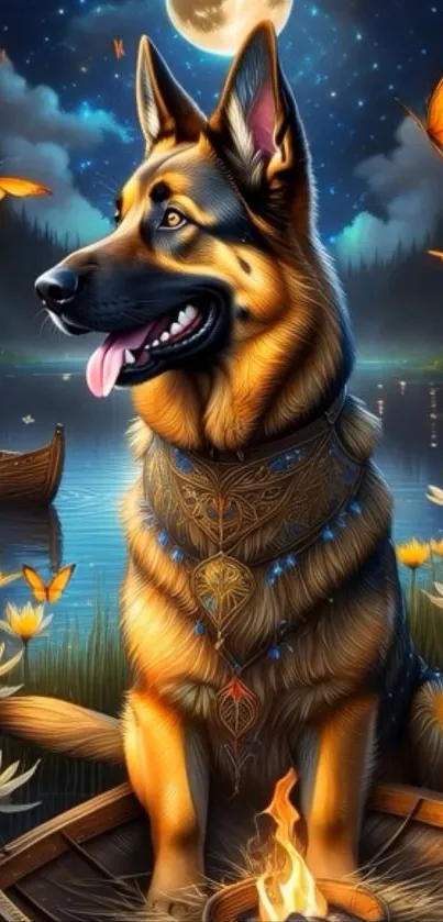 German Shepherd sits by moonlit lake with butterflies.