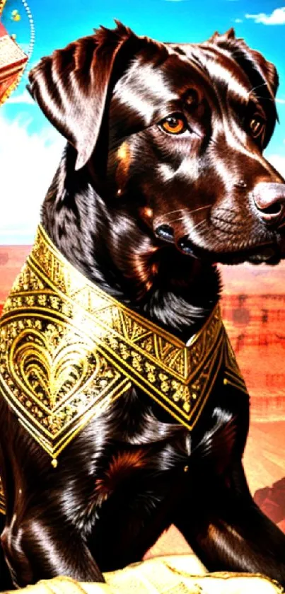 Majestic black labrador in golden armor against a canyon background.