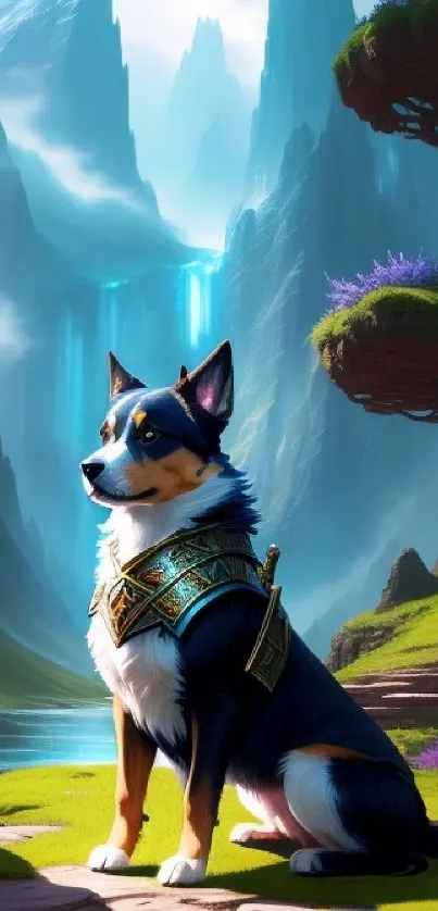 Majestic armored dog in a fantasy mountain landscape with waterfalls.