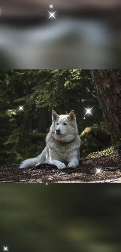 Majestic dog lying in a serene forest.