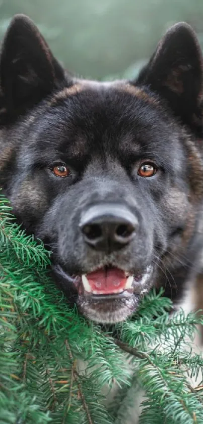 Dog peering through evergreen branches in a lush forest setting.