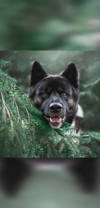 Majestic black dog peeking through lush green forest.