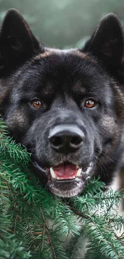 Black dog amidst green pine branches in forest wallpaper.