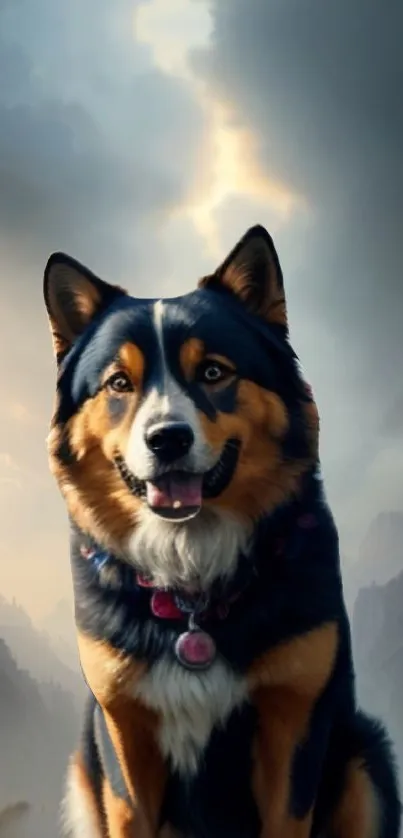 Majestic dog sitting in misty mountain landscape with dramatic clouds.