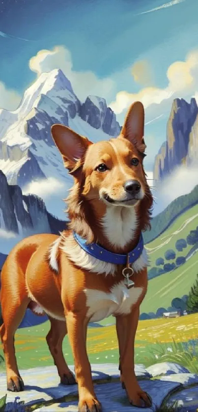 Dog standing in vibrant mountain landscape with blue sky.