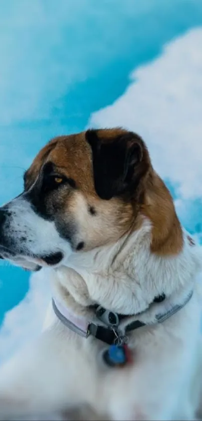 Majestic dog with snowy backdrop in calming blue hues.