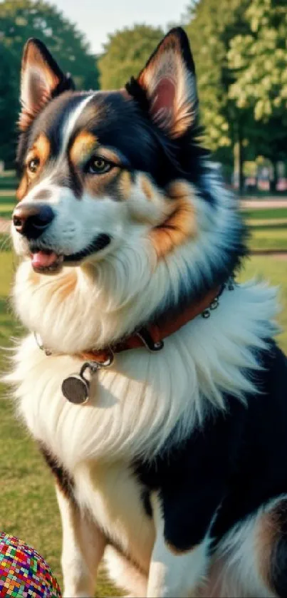 Majestic dog sitting in a sunny park with green grass.