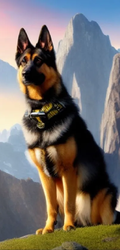 German Shepherd dog against a stunning mountain backdrop.