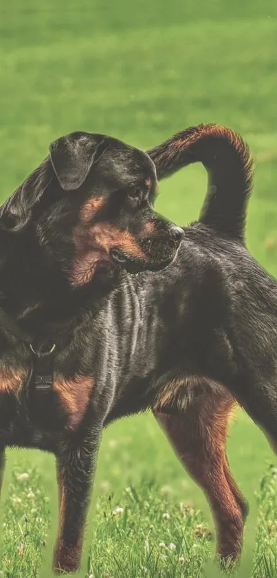 Majestic Rottweiler standing on a lush green field.