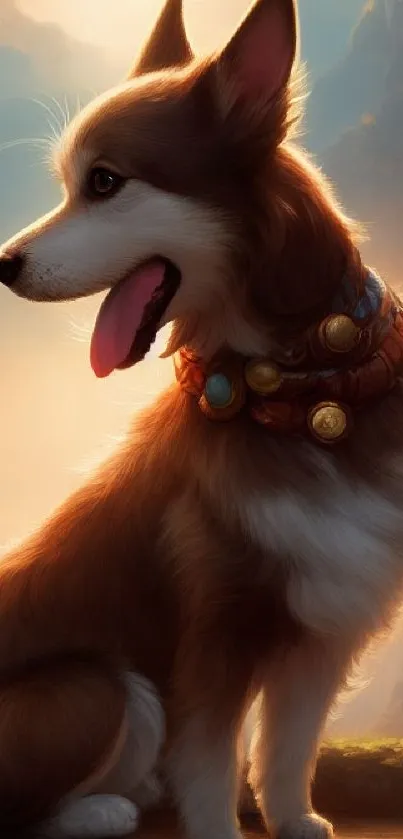 A majestic dog sits on a mountain peak at sunrise in a fantasy landscape.