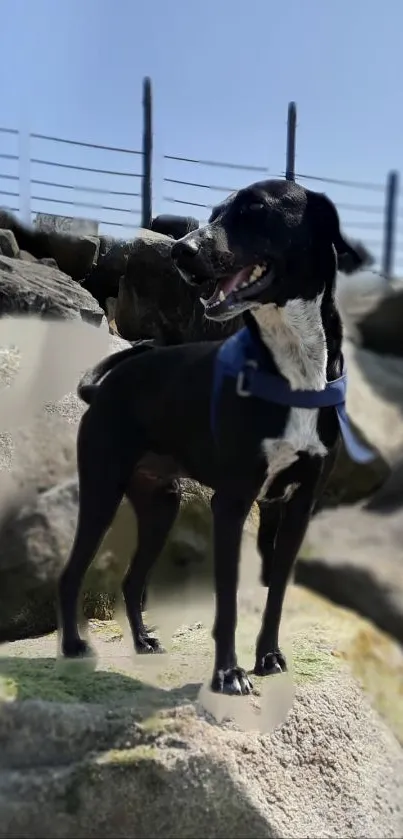 A majestic black dog on rocky terrain under a clear blue sky.