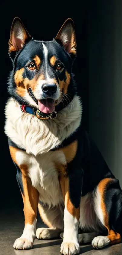 A majestic dog sitting gracefully with a playful expression in natural light.