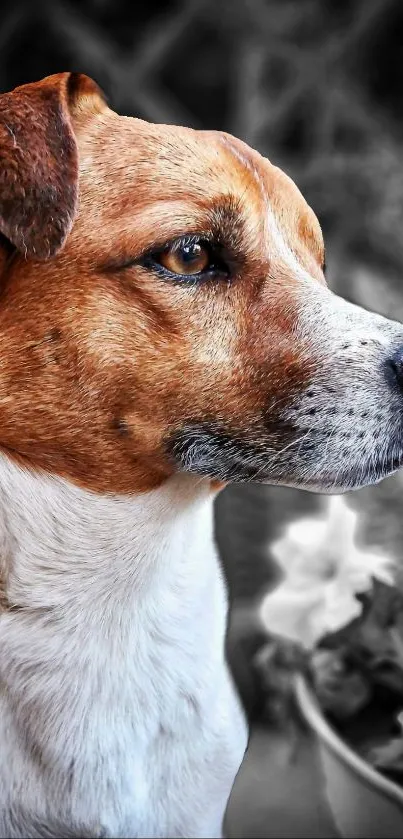 Close-up portrait of a serene brown and white dog in an outdoor setting.