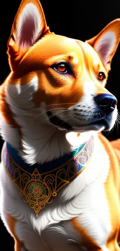 Majestic dog portrait with intricate collar on dark background.