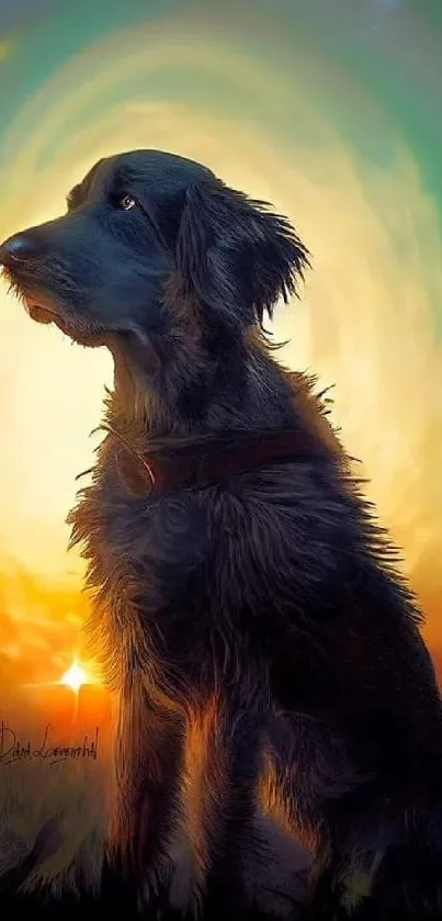 Silhouette of a dog against a vibrant, multicolored sunset sky.