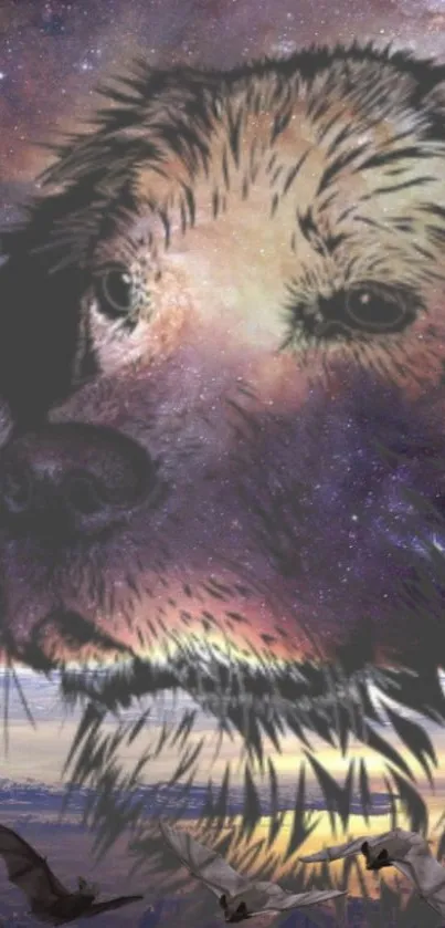 Illustrated dog with a cosmic sky background, blending stars and nature.