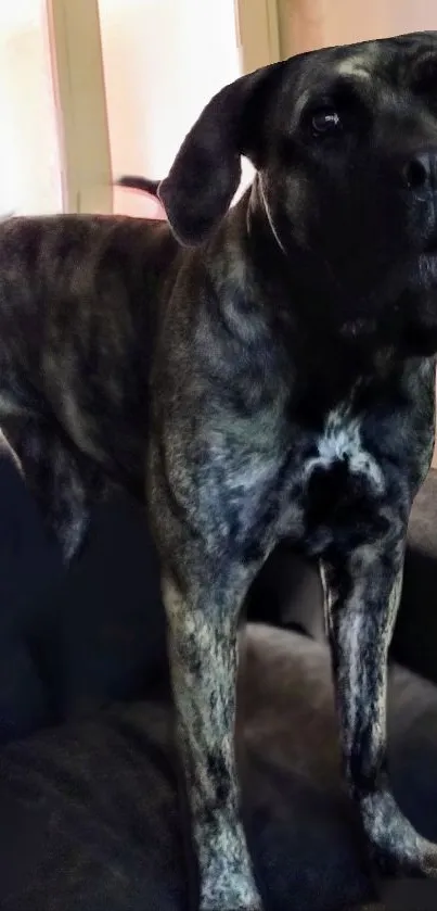 Brindle-coated dog standing in a room, creating a striking wallpaper image.