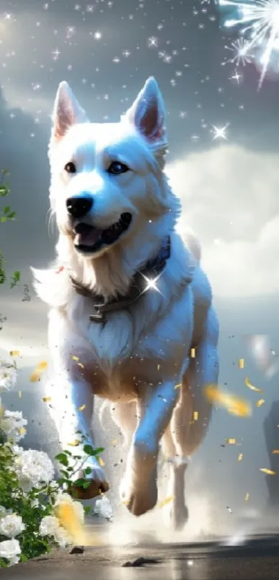 Majestic white dog runs with flowers and fireworks in background.