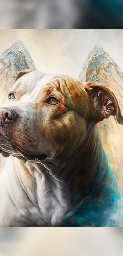 Artistic depiction of a dog with angel wings in warm tones, perfect for mobile wallpaper.