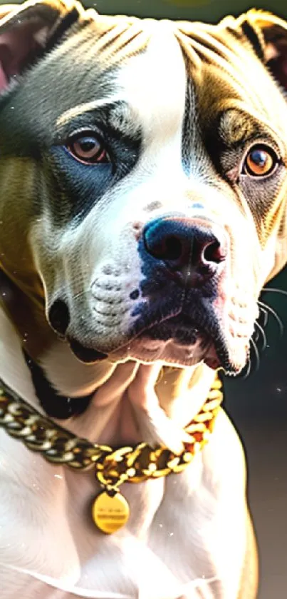 Majestic bulldog wearing gold chain in elegant portrait.