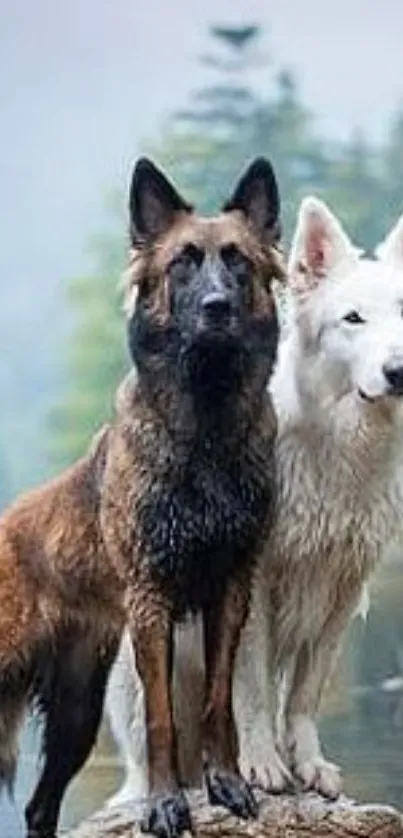 Two dogs stand beside a tranquil lake.